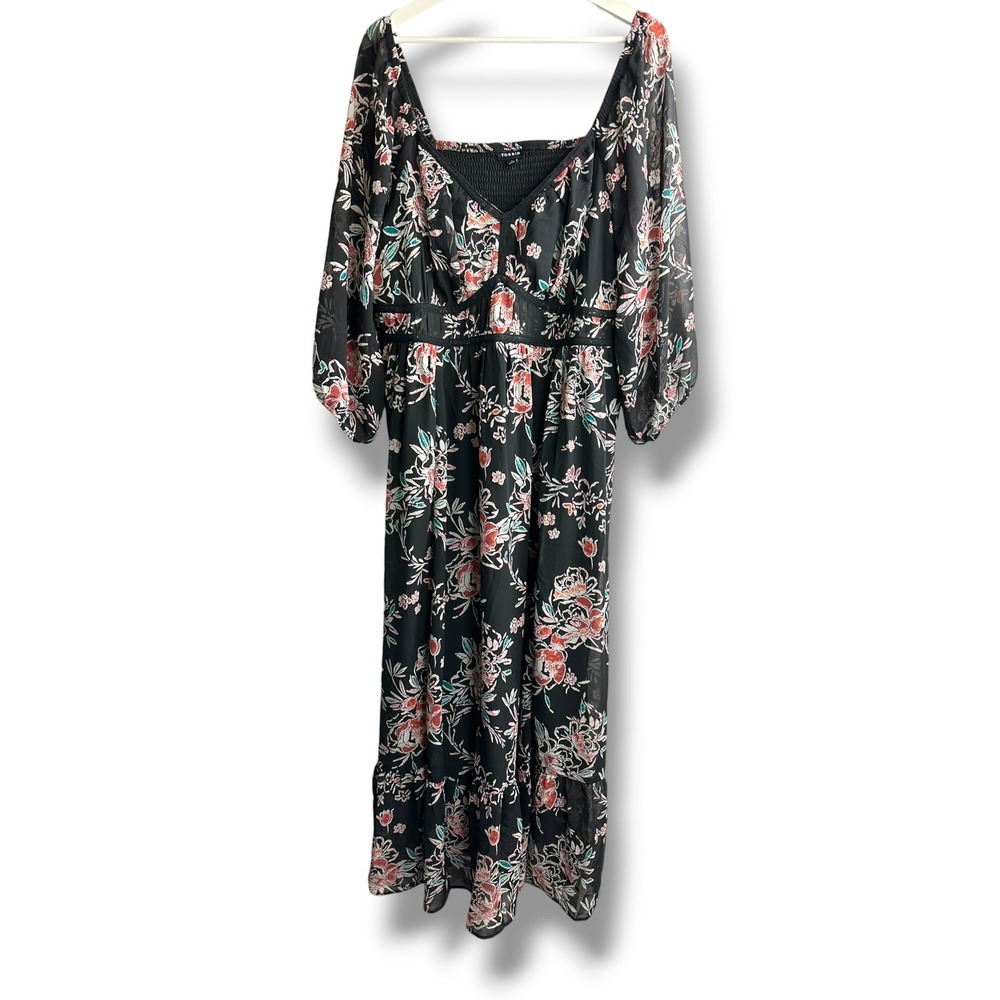 Torrid Black Floral Chiffon Maxi Dress Square‎ Neck Long Sleeve Plus 2 2X